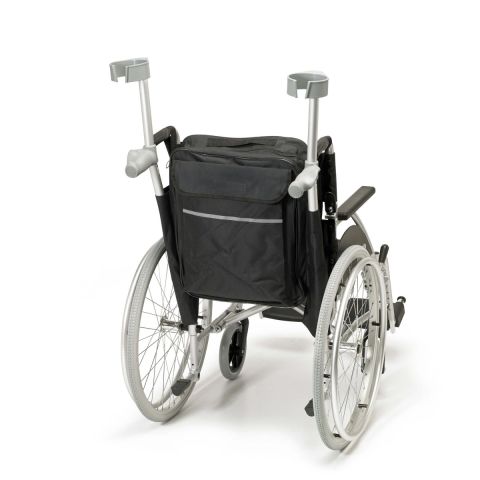 Days wheelchair crutch bag in black colour, attached to a wheelchair with crutches.