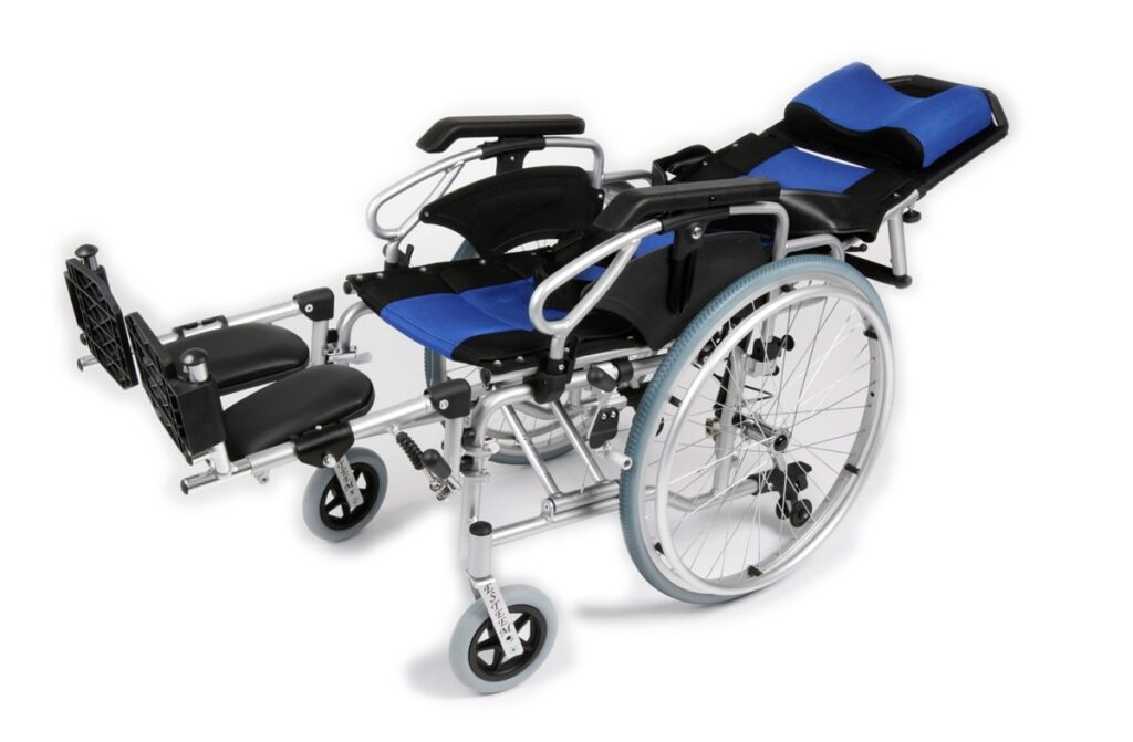 Ugo Esteem Deluxe Lightweight Reclining Wheelchair in fully reclined condition